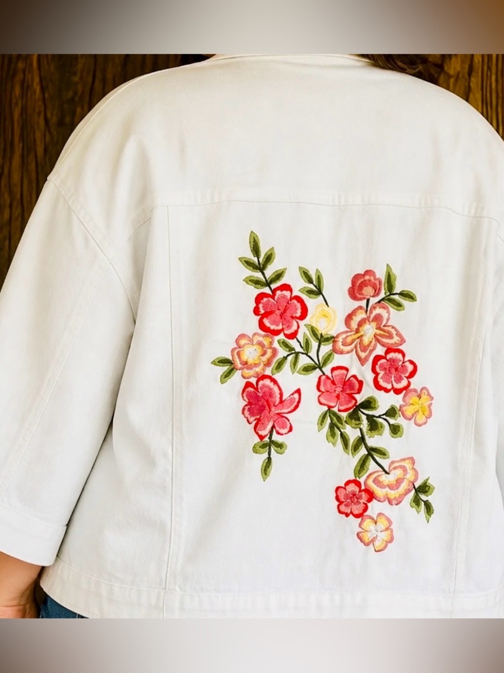 Rafaella White Jean Jacket with Pink & Green Floral Embroidery. Pockets!!